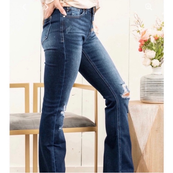 KanCan Mid Rise Distressed Flare Bootcut Jeans Dark Women’s Multi Sizes NWT - Picture 4 of 15